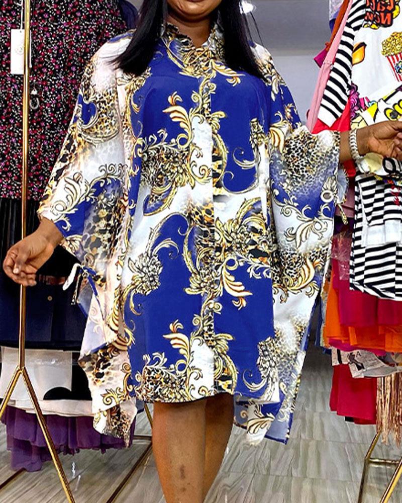 

Plus Size Baroque Leopard Print Button Front Shirt Dress, Blue