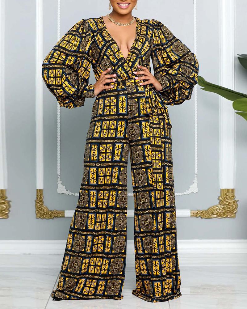 

Plus Size Geo Print Lantern Sleeve Wide Leg Jumpsuit, Yellow