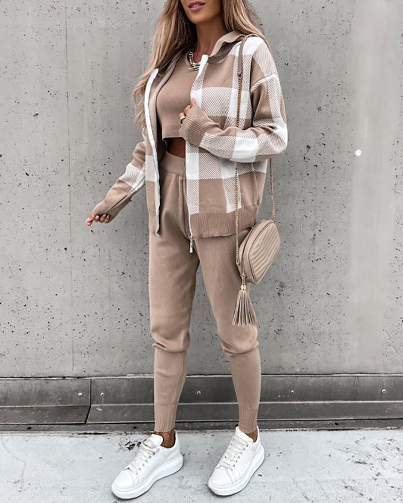 

Knit Tank Top & Pants Set With Plaid Print Hooded Coat, Khaki