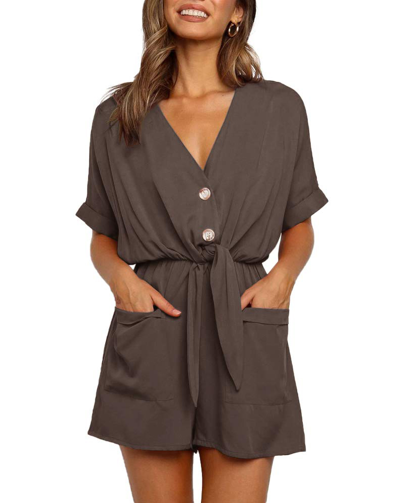 

V-Neck Pocket Design Tied Detail Romper, Brown