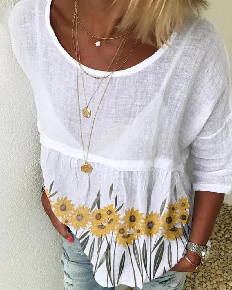 

Sunflower / Floral Print Round Neck Casual T-shirt, Style1