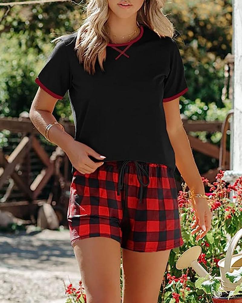 

Contrast Binding Plaid Print Drawstring Pajamas Set, Red