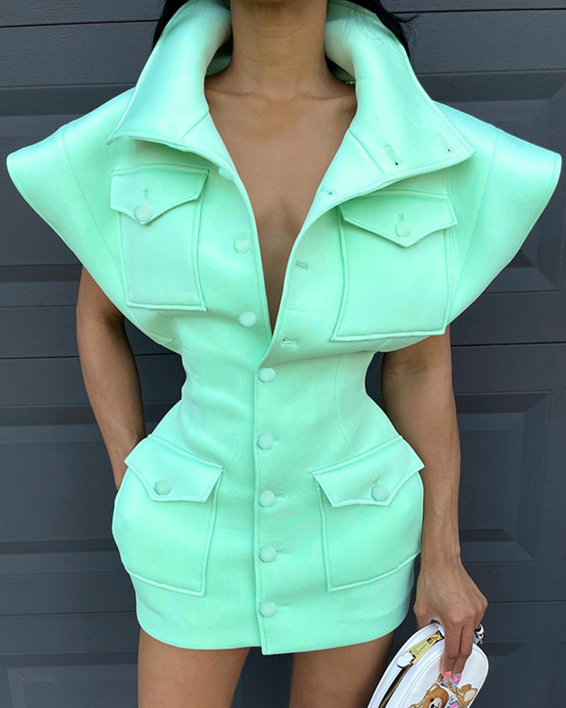 

Solid Color Cap Sleeve Skinny Waist Mini Dress, Green
