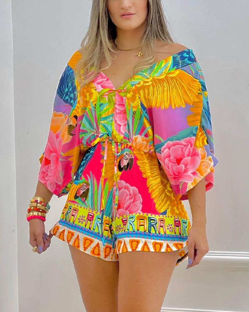 

Bird Floral Letter Print V-Neck Romper, Multicolor