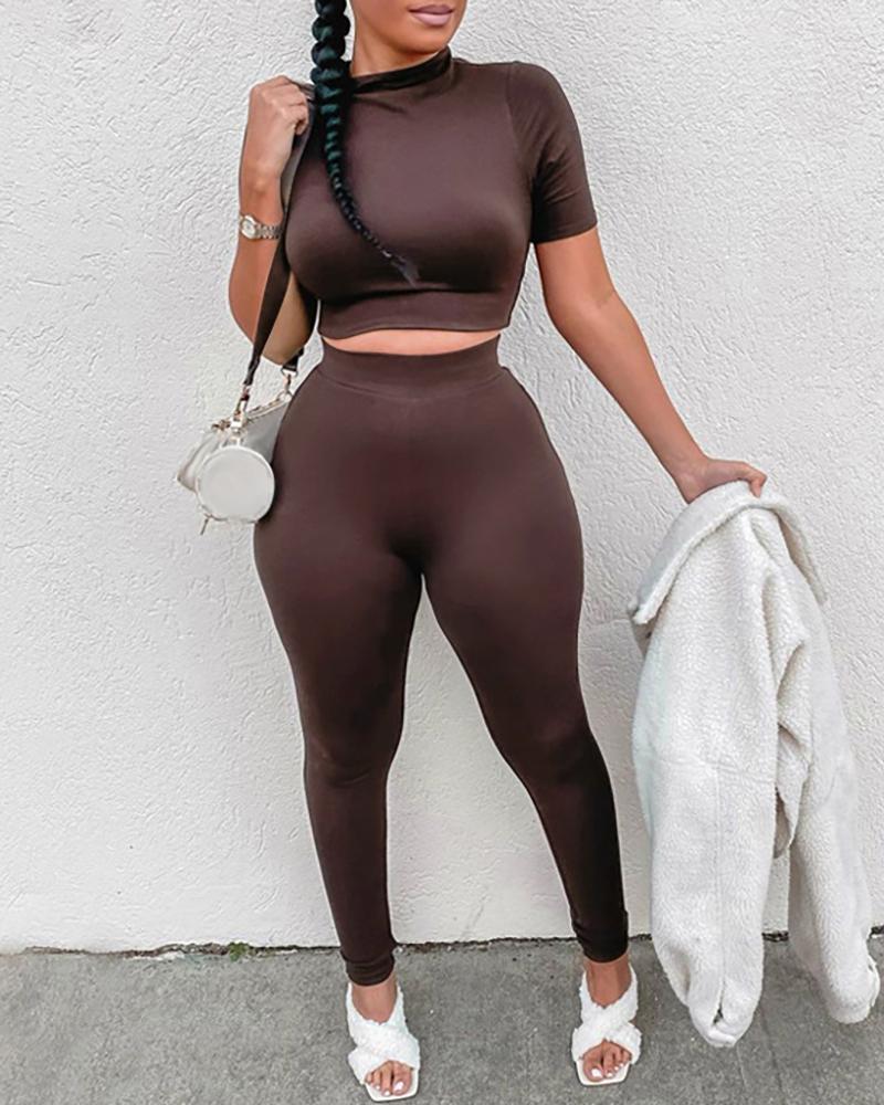 

Plain Round Neck Short Sleeve Jumpsuit, Coffee