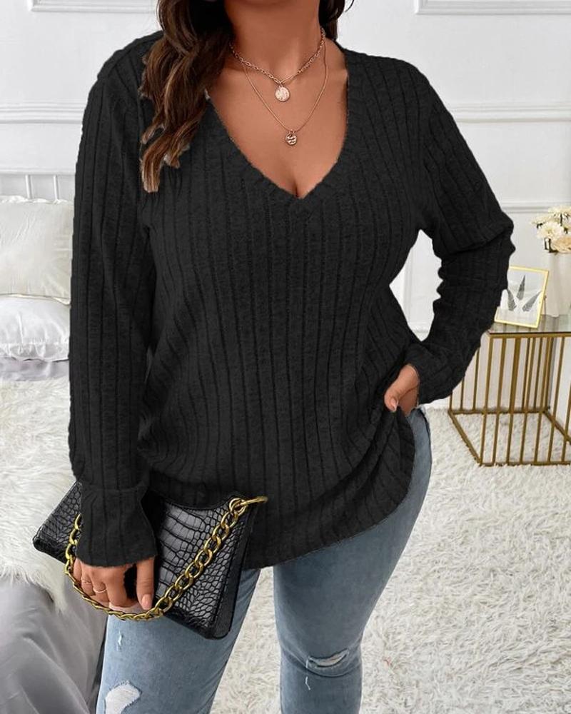 

Plus Size V-Neck Long Sleeve Ribbed Top, Black