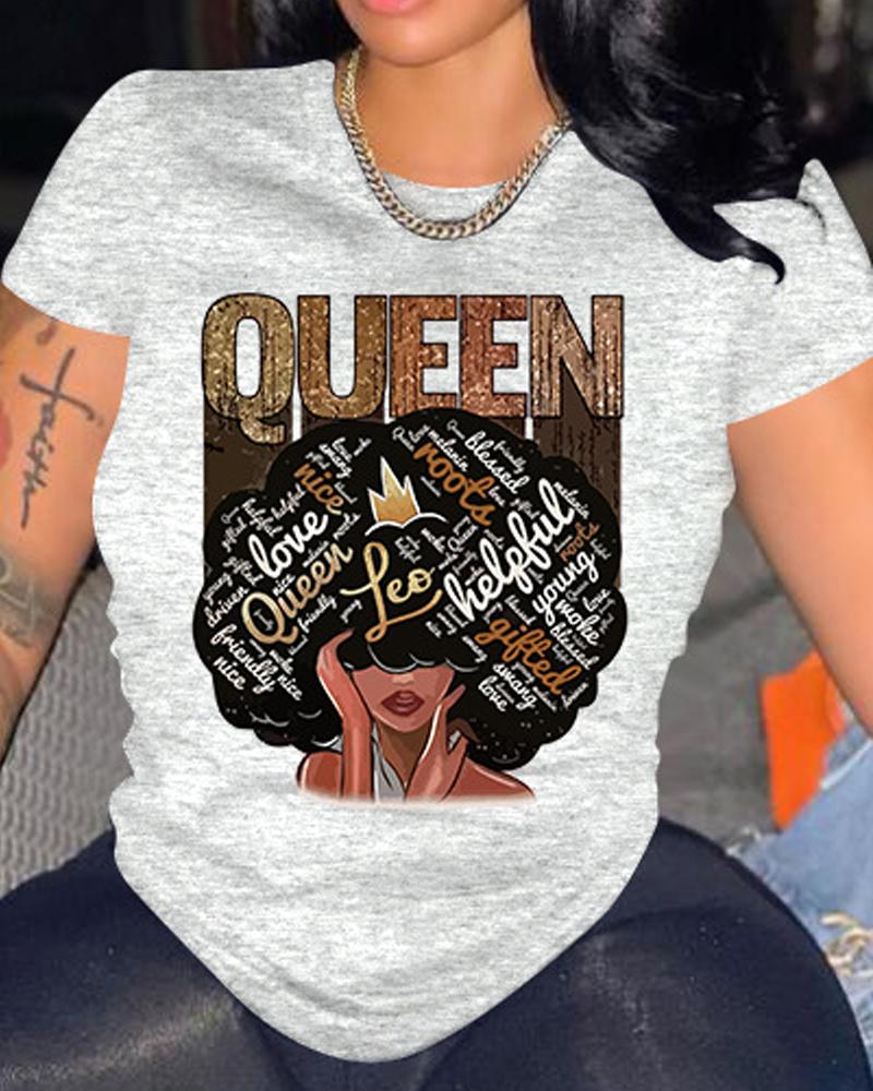 

Figure Letter Print Casual T-shirt, Gray