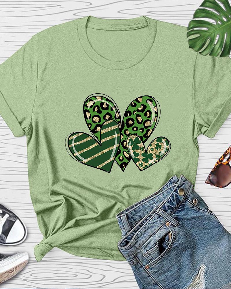 

St. Patrick' Day Clover Heart Print Casual T-shirt, Light green