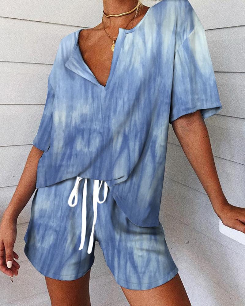 

Tie Dye Print V-neck Pajamas Set, Blue