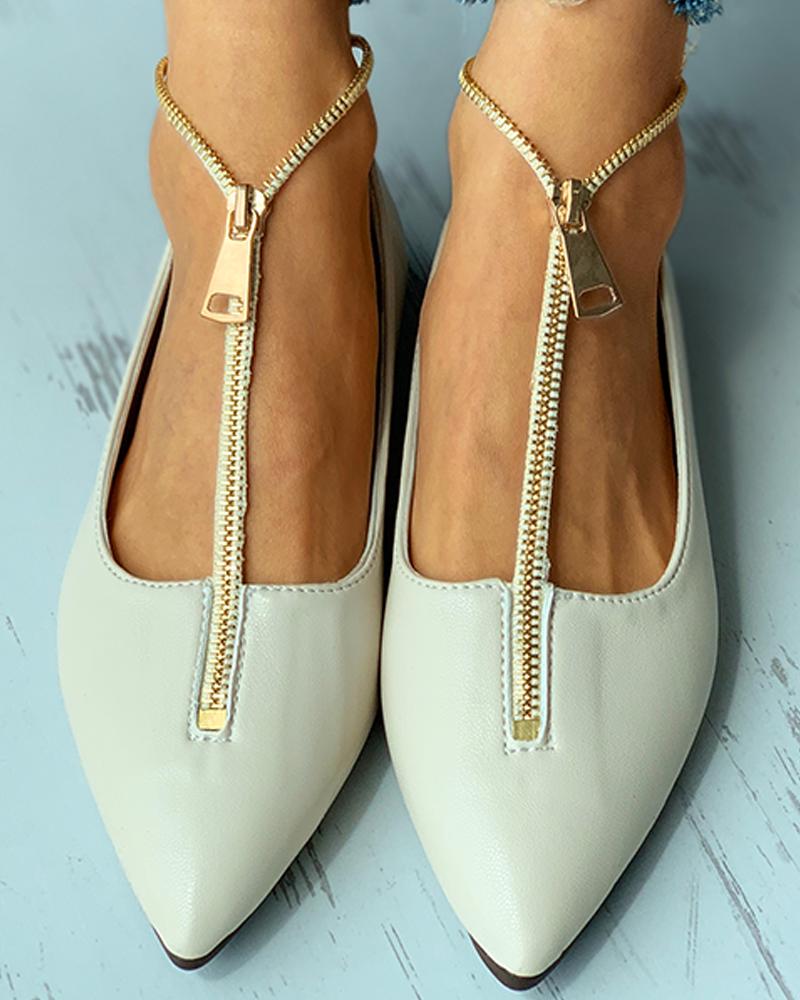 

Zipper Design Pointed Toe Casual Shoes, Beige