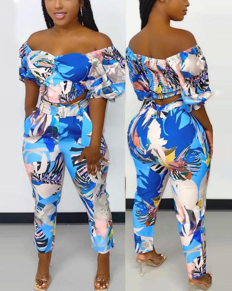 

Abstract Print Off Shoulder Shirred Crop Top & Pants Set, Blue
