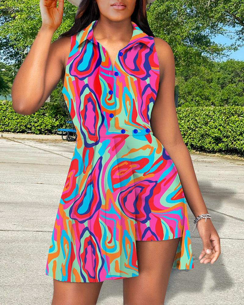 

Multi-Color Abstract Print Asymmetrical Shirt Dress, Hot pink