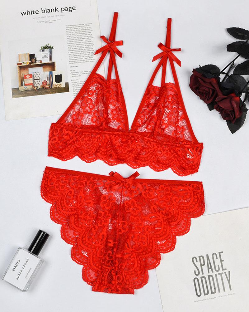 

Bowknot Decor Cutout Lace Lingerie Set, Red