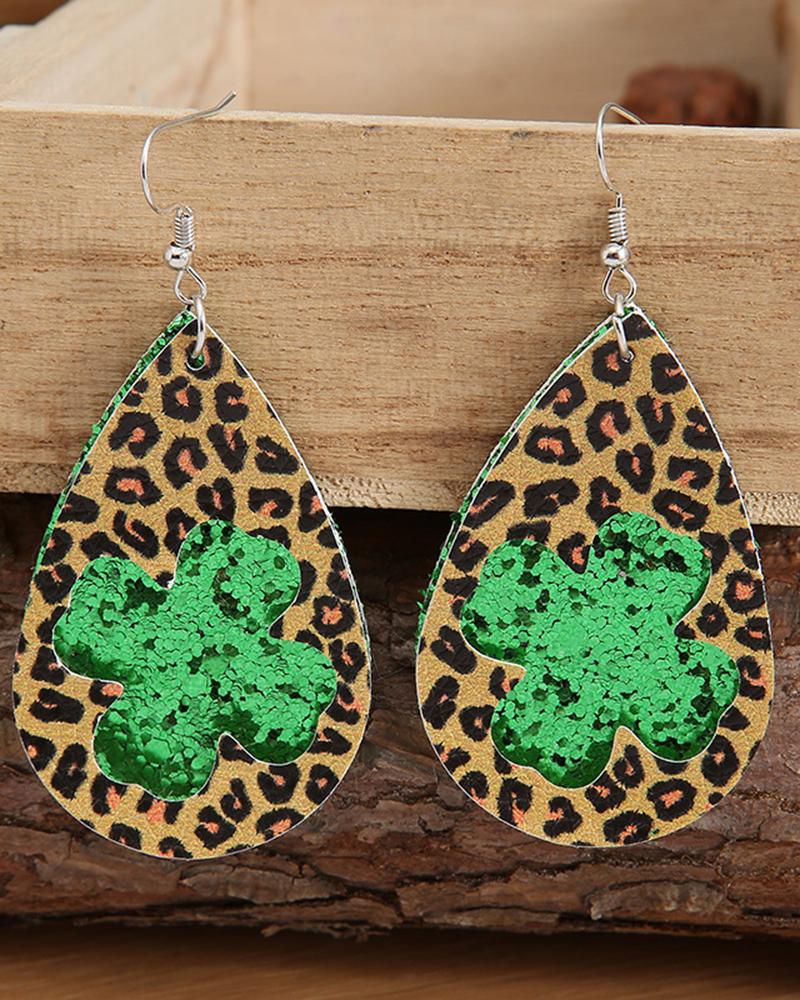 

1Pair St. Patrick's Day Lucky Shamrock Clover Glitter Plaid Earrings, Leopard