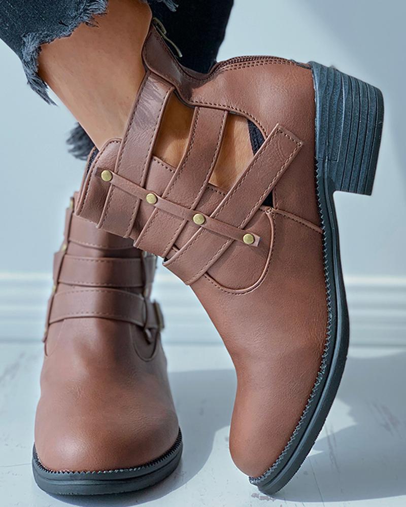 

Eyelet Buckled Plain Chunky Boots, Coffee