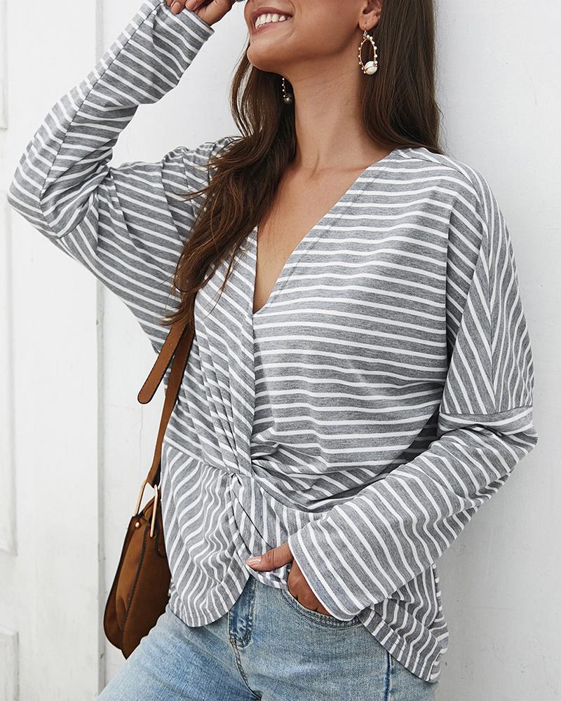 

Long Sleeve Twisted Front Striped Print Top, Gray