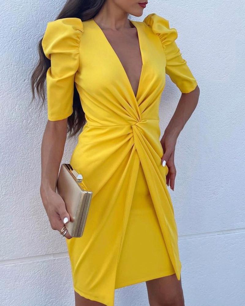 

Plunge Puff Sleeve Twist Decor Party Dress, Yellow
