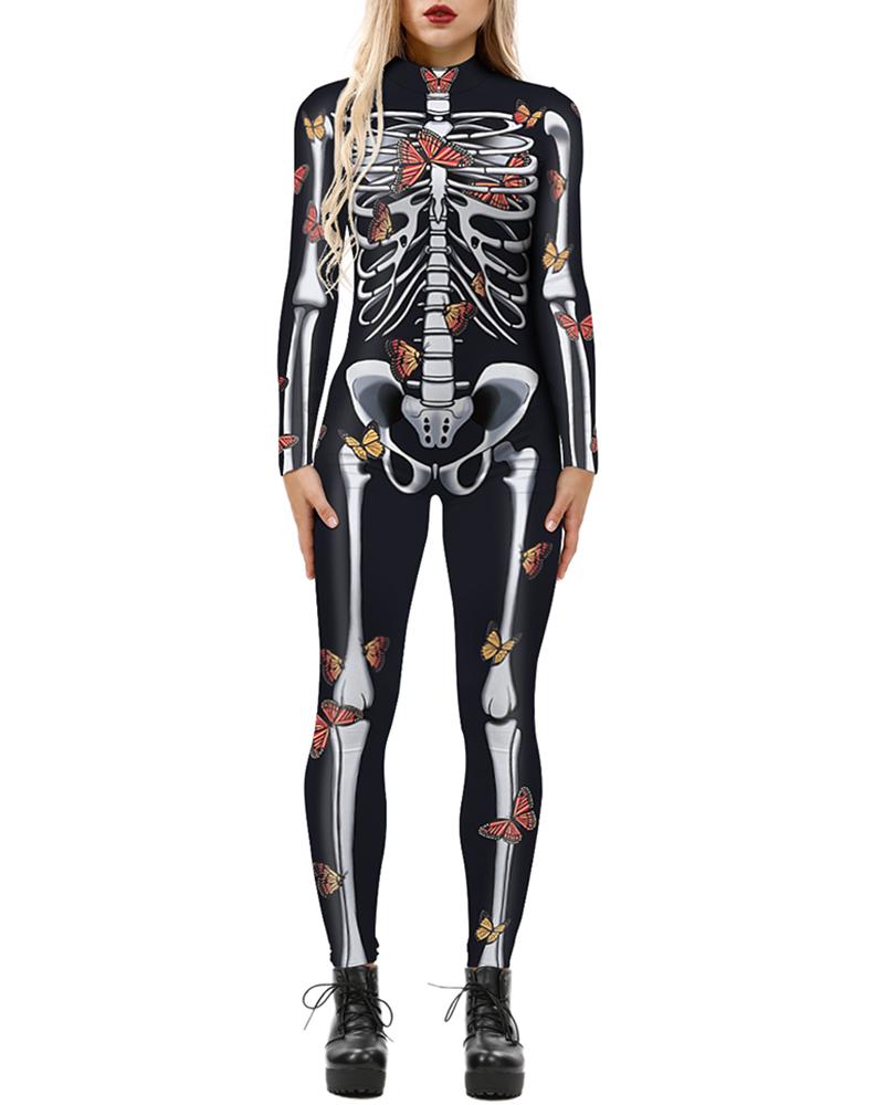 

Skull Skeleton Print Zip Back Halloween Costume Jumpsuit, Style7