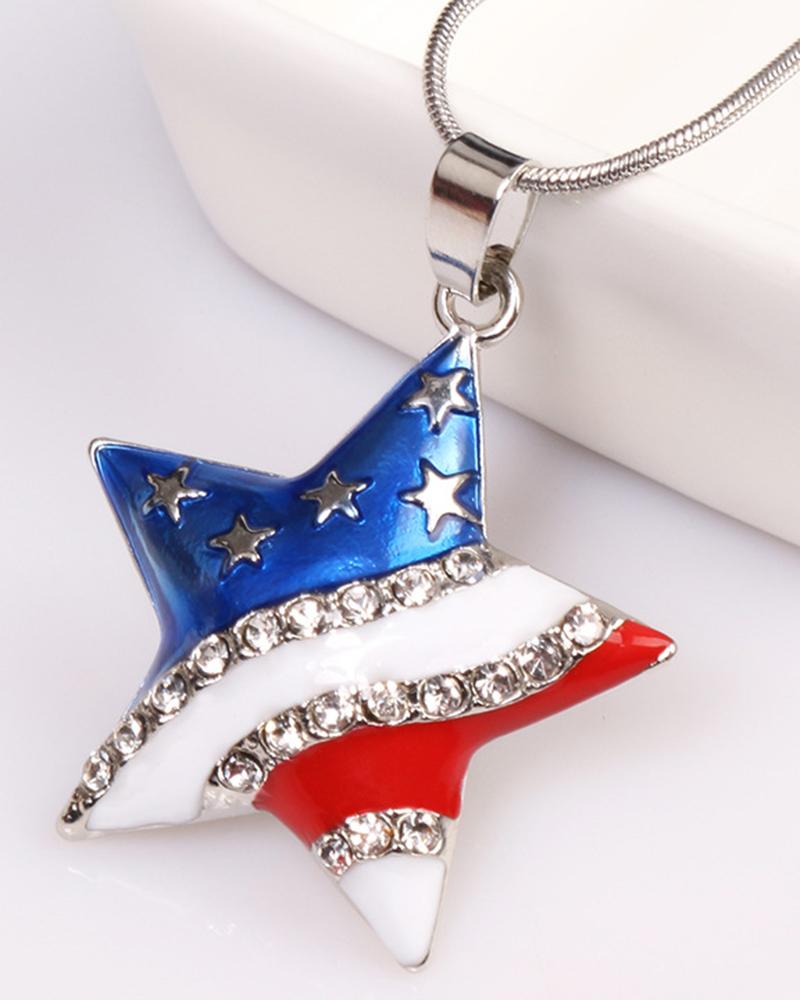 

1pc Independence Day Rhinestone Flag Love Heart Star Pendant Necklace, Style2