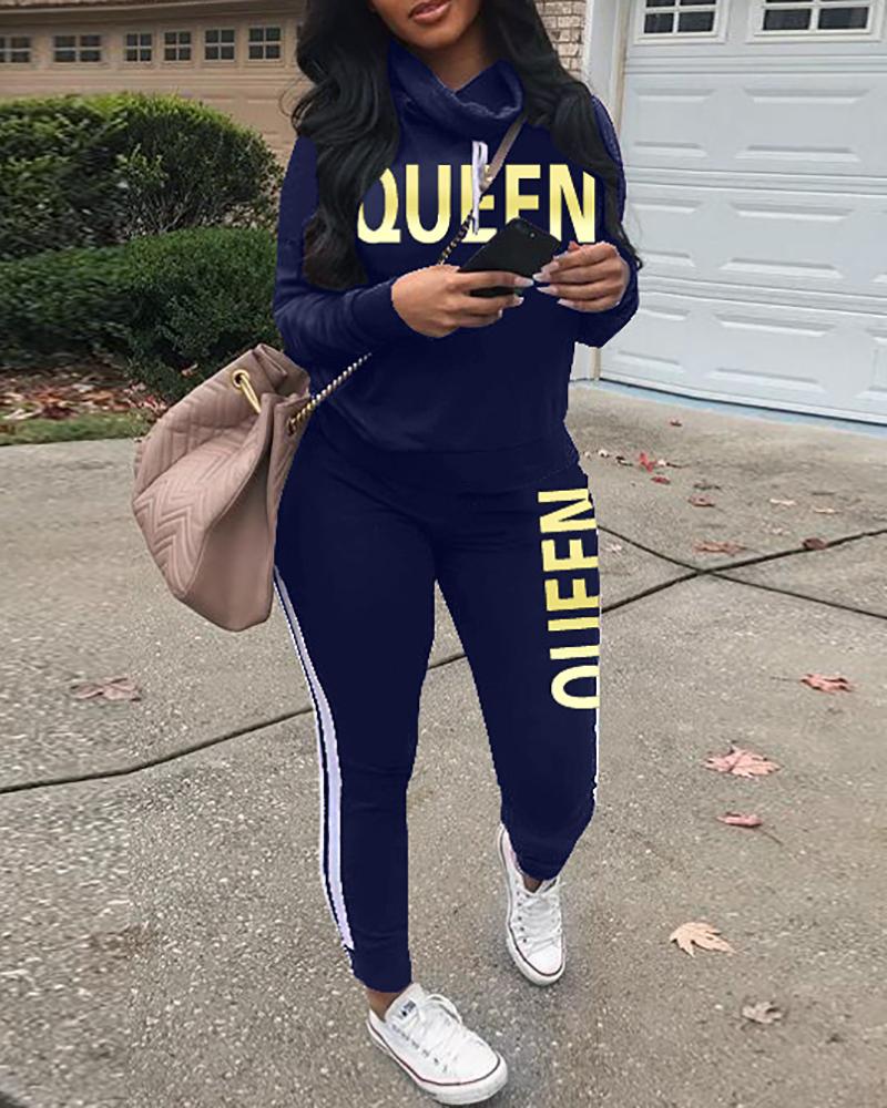 

Letter Print Long Sleeve Top & Striped High Waist Pants Set, Blue