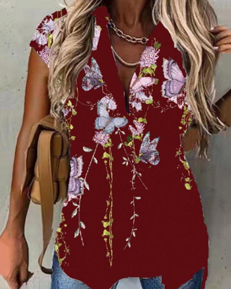 

Floral Butterfly Print Short Sleeve Buttoned Top, Wine red