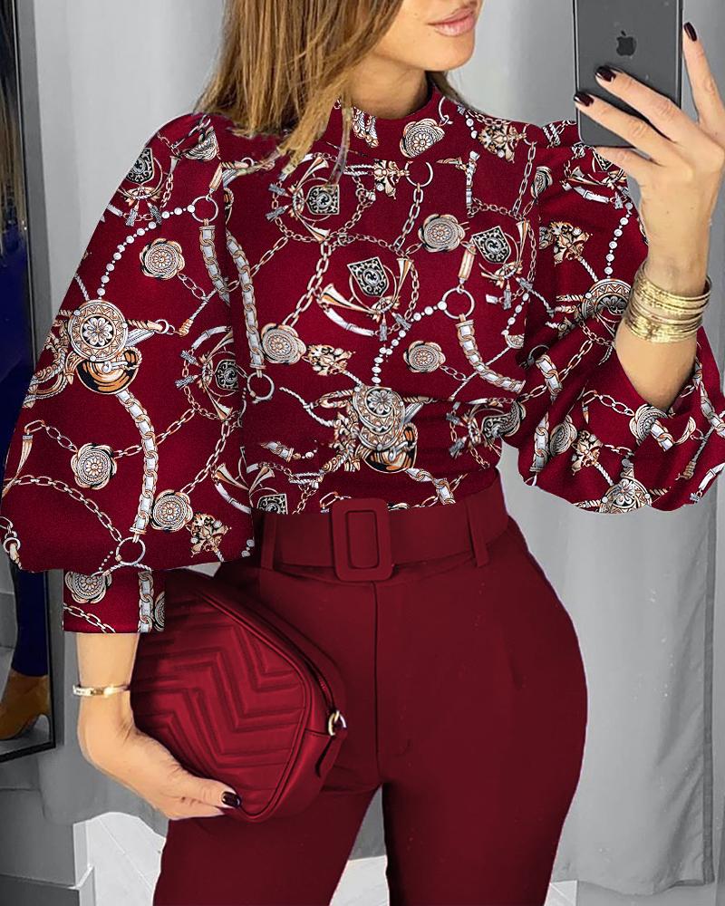 

Chain Baroque Print Puff Lantern Sleeve Top, Wine red