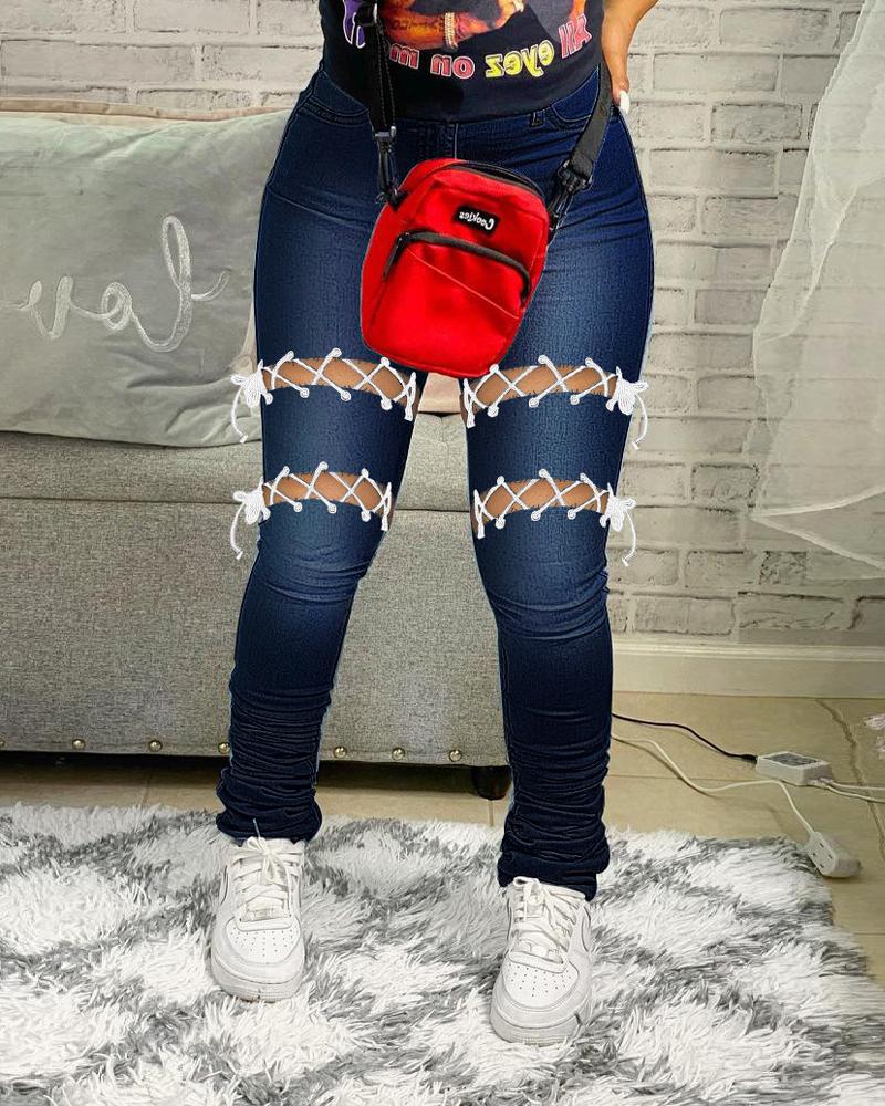 

Grommet Eyelet Lace-Up Stacked Skinny Jeans, Dark blue