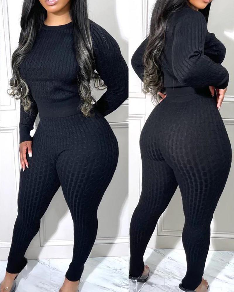 

Long Sleeve Cable Knit Sweater & Pants Set, Black