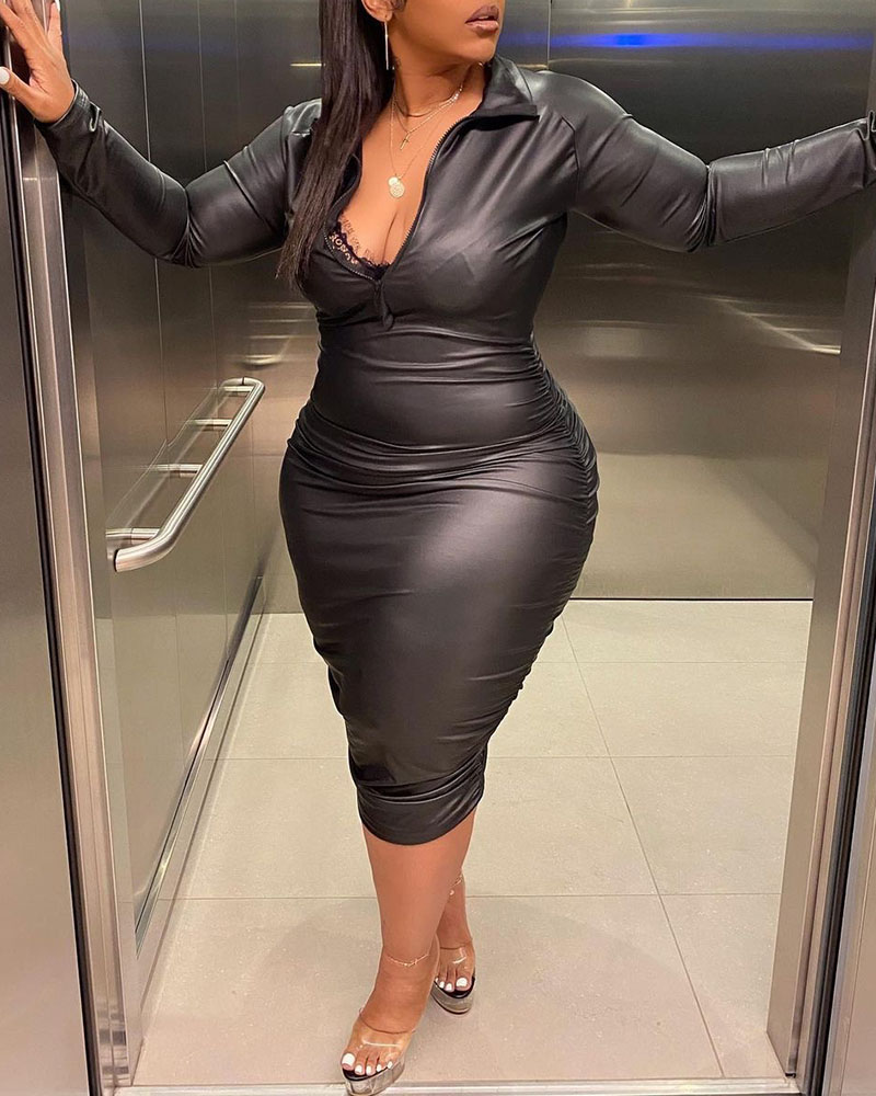 

Plus Size Ruched PU Leather Zipper Design Dress, Black