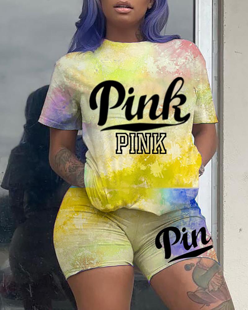 

Letter Tie Dye Print Short Sleeve Top & Shorts Set, Yellow