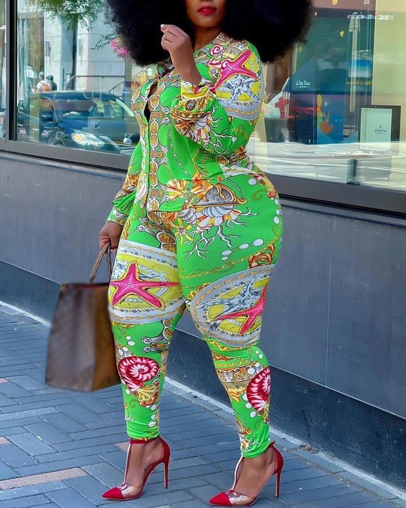 

Plus Size Scarf Chain Long Sleeve Shirt & Pants Set, Green