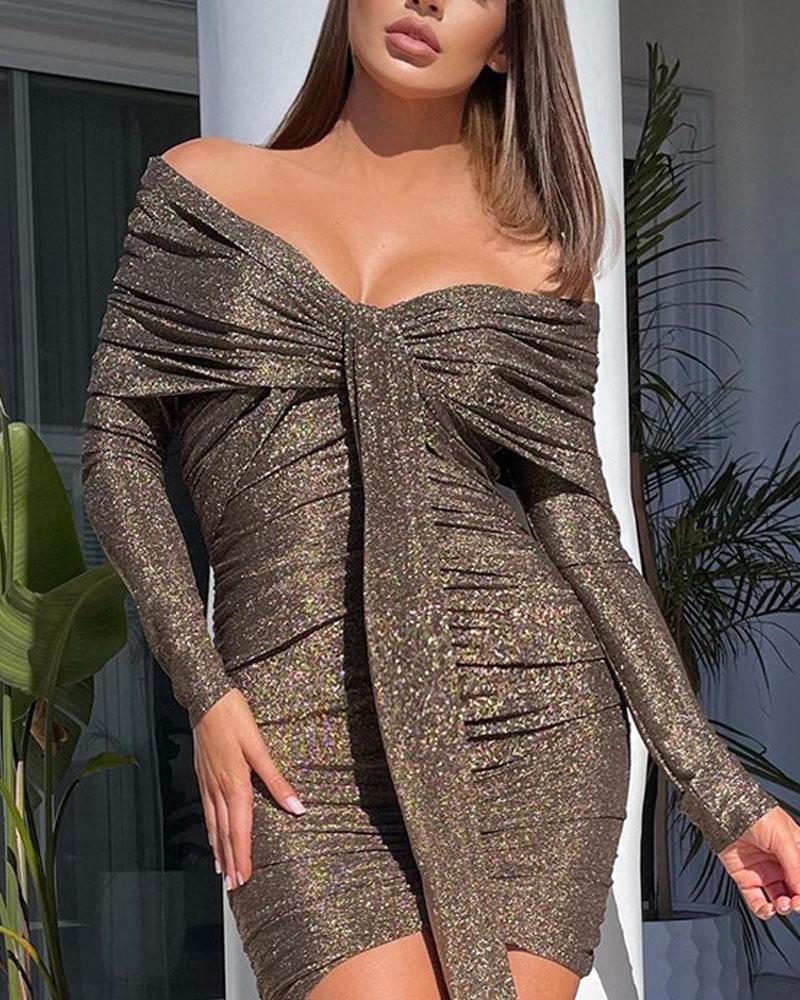 

Long Sleeve Ruffle Detail Ruched Bodycon Dress, Gold