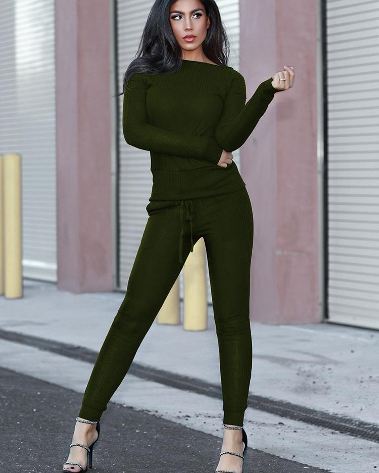 

Fashion Autumn Solid Casual Knitted Suit Set - Army Green