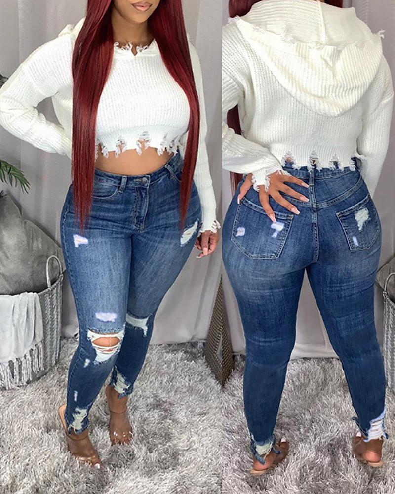 

Fringe Hem Ripped Cutout Denim Pants, Dark blue