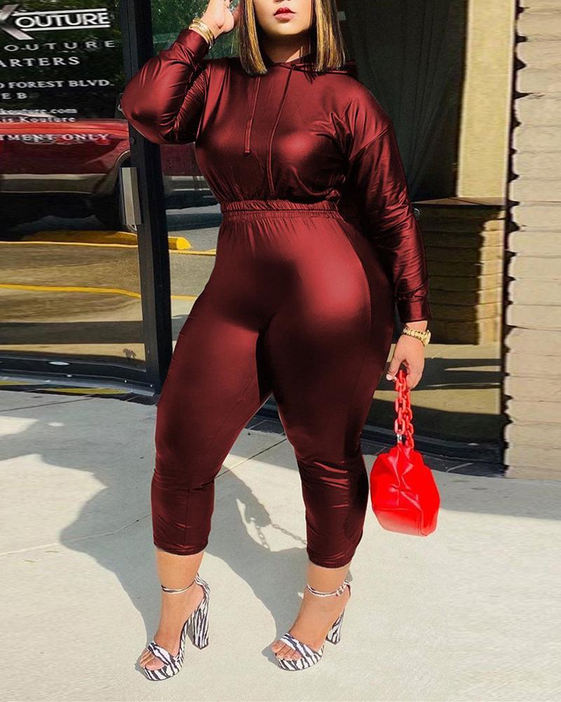 

Plus Size Long Sleeve Hooded Top & High Waist Pants Set, Wine red
