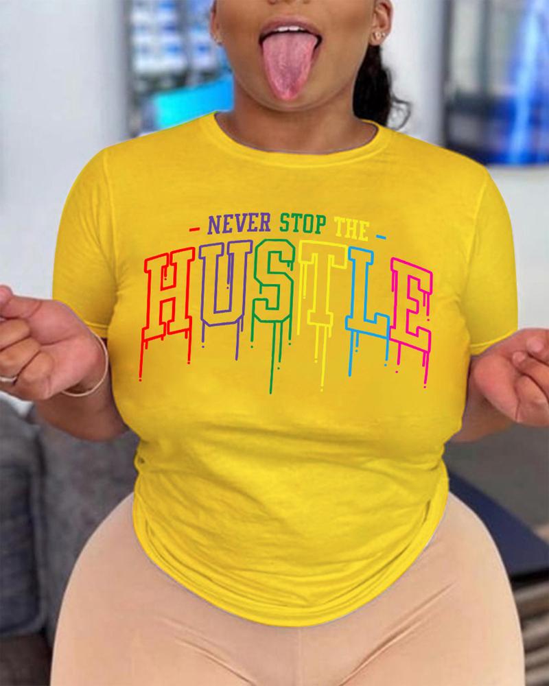 

Plus Size Never Stop The Hustle Print T-shirt, Yellow