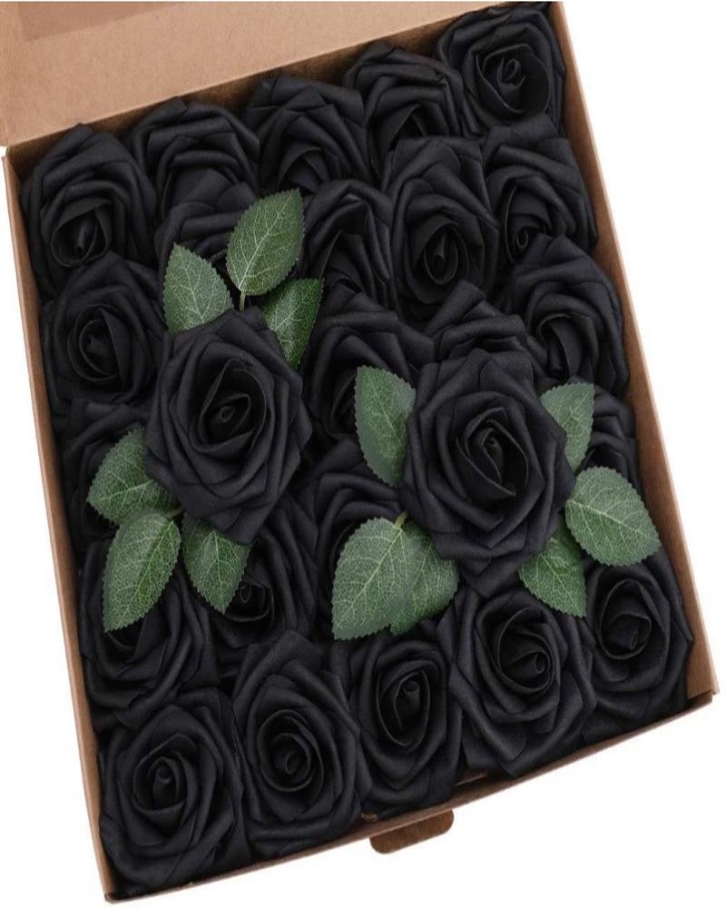 

Artificial Flowers 25pcs Real Looking Blush Foam Fake Roses with Stems for DIY Wedding Bouquets Bridal Shower Centerpieces Party Decorations, Black