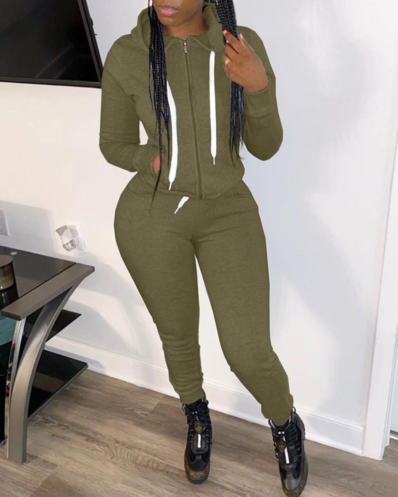 

Zipper Design Long Sleeve Hooded Top & Drawstring Pants Set, Green
