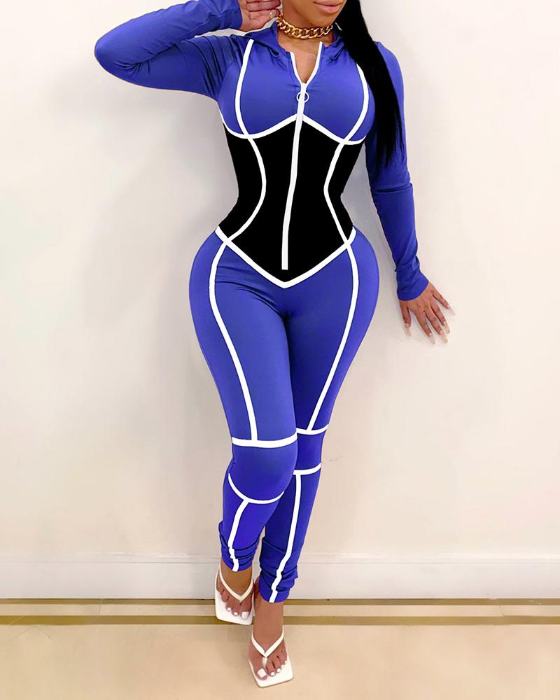 

Colorblock Zipper Design Long Sleeve Skinny Jumpsuit, Dark blue