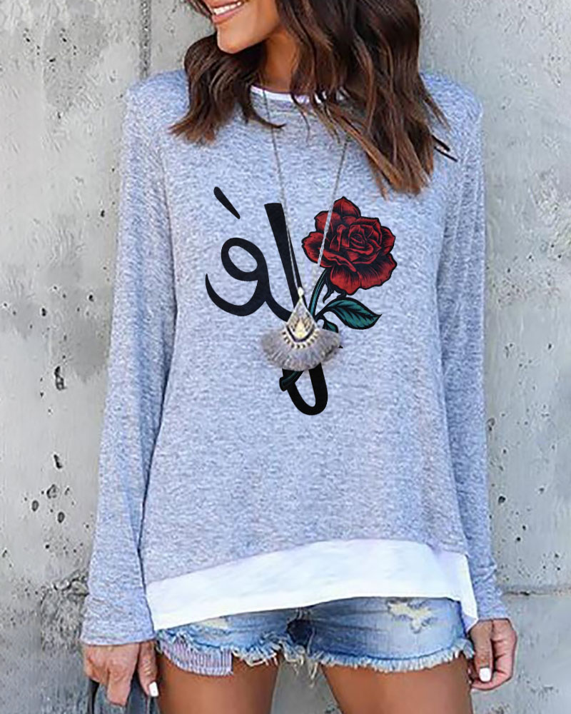 

Floral Letter Print Fake Two Piece Long Sleeve Top, Gray