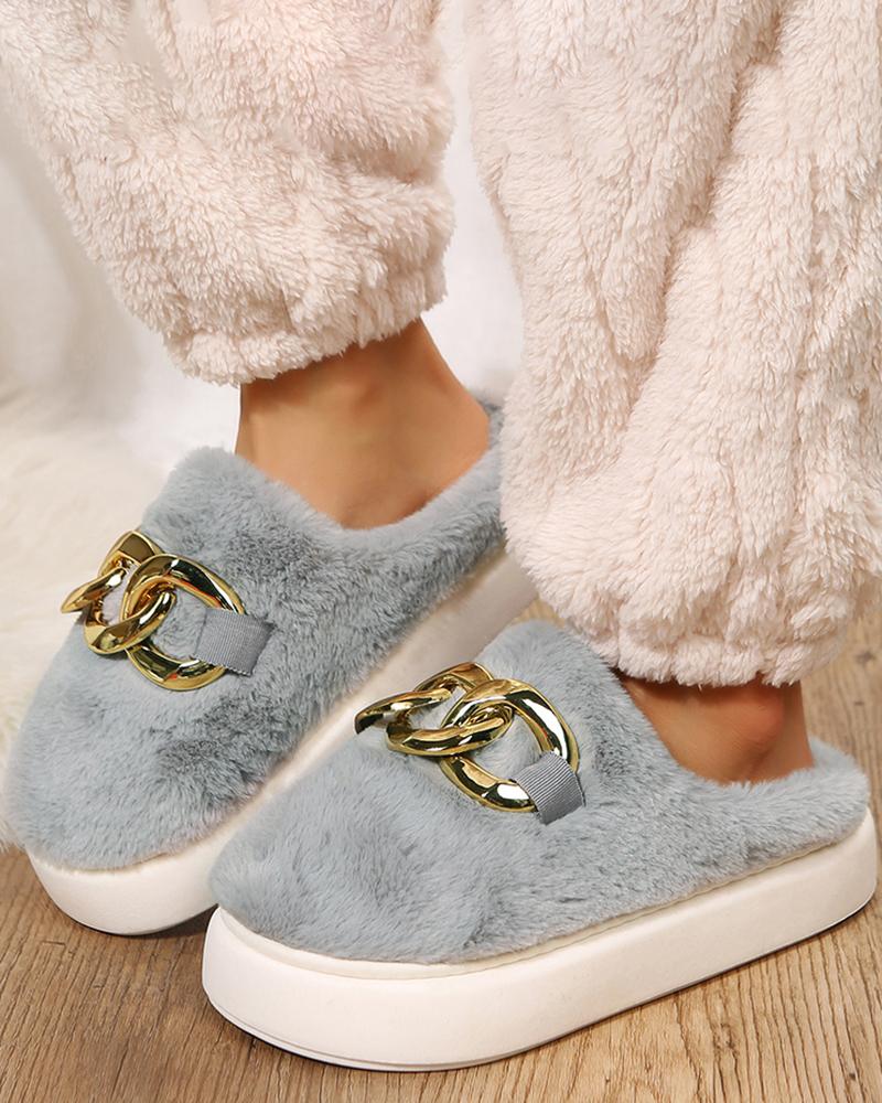 

Chain Decor Fuzzy Round Toe Soft Slippers, Gray