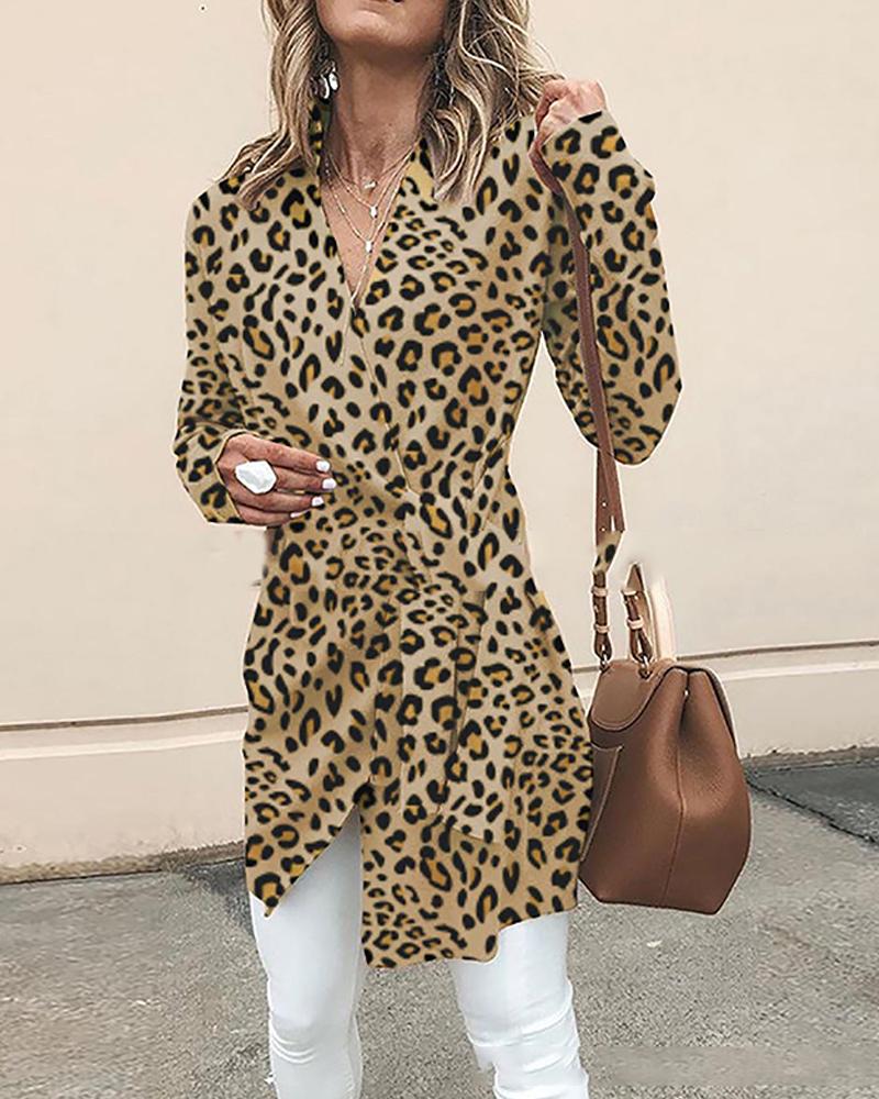 

V Neck Leopard Print Tunic, Yellow