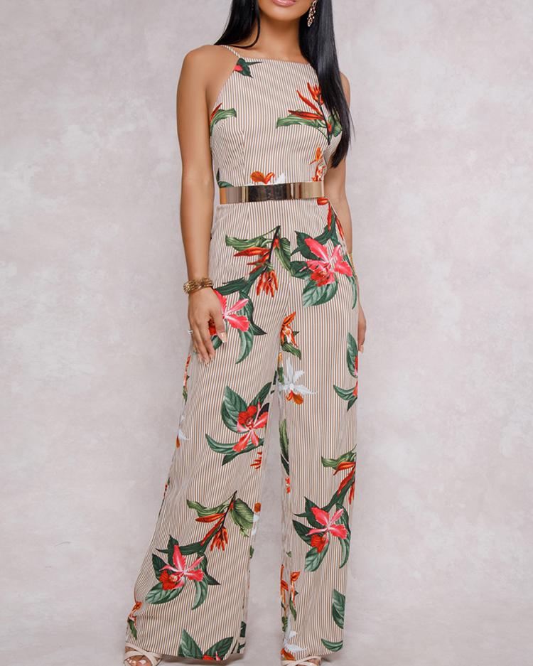 

Floral Printed Halter Open Back Casual Wide Leg Jumpsuit, Coffee