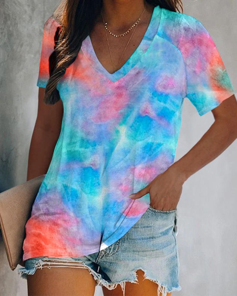

Tie Dye Print V-Neck Short Sleeve T-shirt, Blue