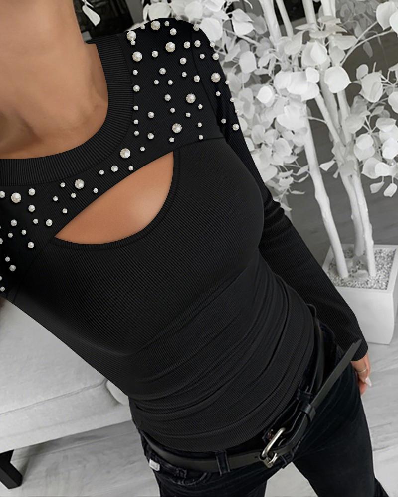 

Pearls Decor Front Hollow-out Long Sleeve Top Slim Fit Ribbed Layering Top, Black