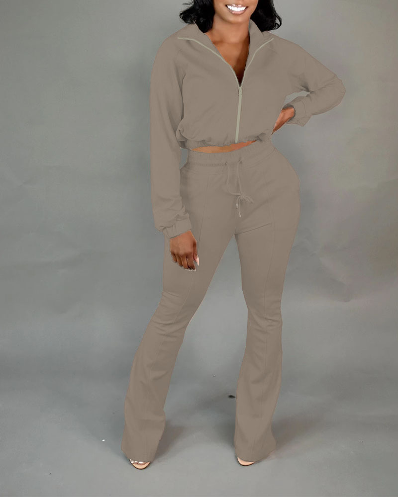 

Long Sleeve Zip Up Crop Top & Bootcut Pants Set, Coffee