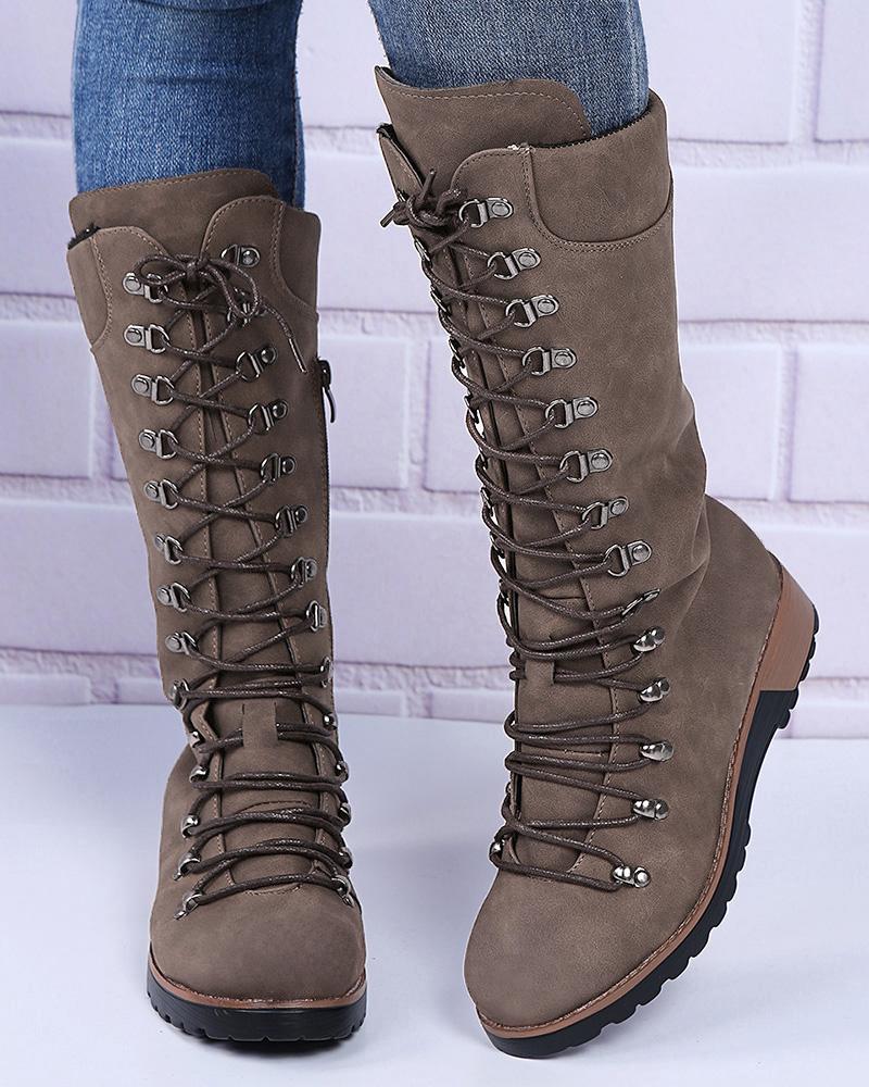 

Lace-up Side Zip Combat Boots, Coffee