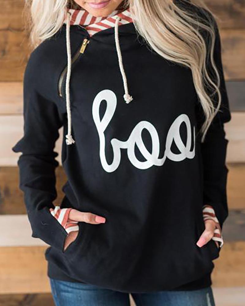 

Colorblock Striped Letter Print Zipper Design Hoodie, Black