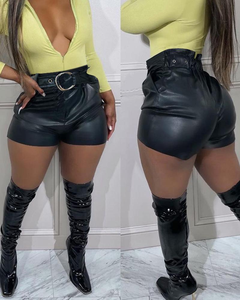 

Zipper Fly Belted PU Leather Shorts, Black