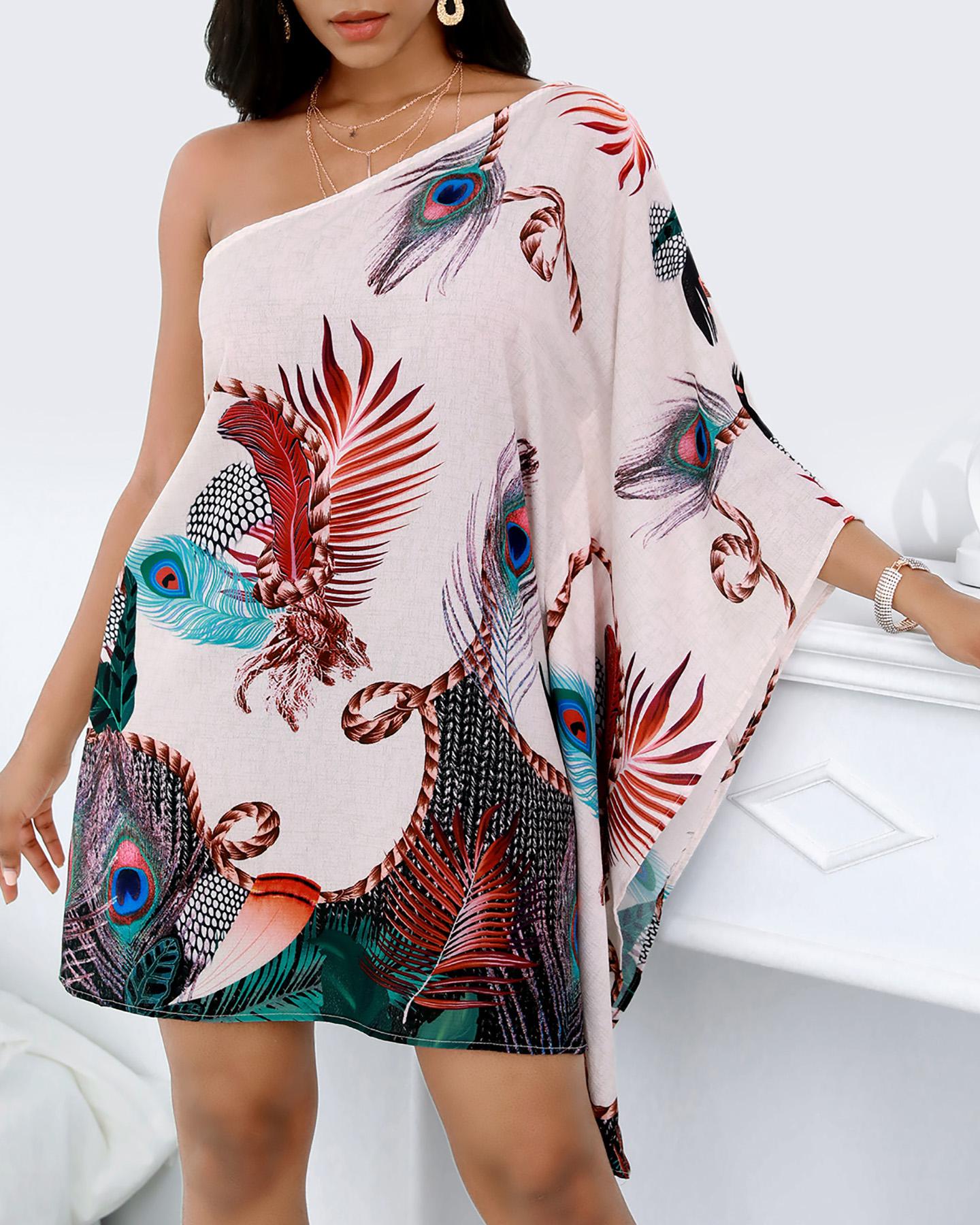 

Peacock Print One Shoulder Casual Dress, Multicolor